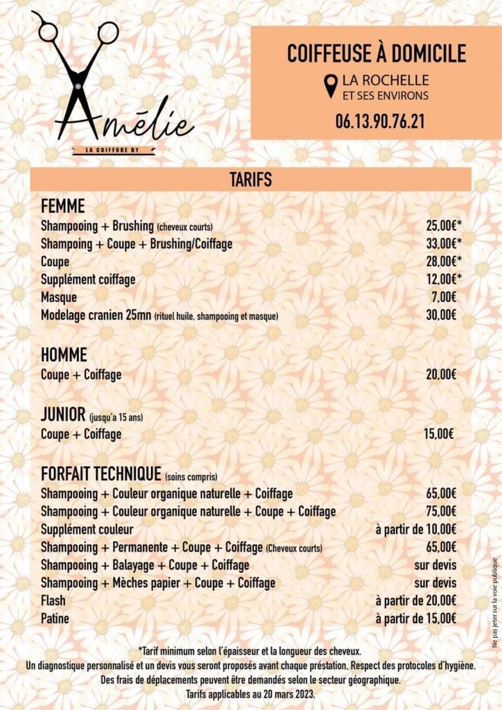 tarifs Amélie coiffeuse domicile La Rochelle